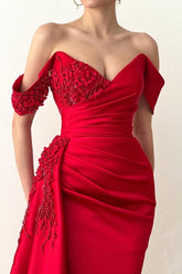 Beautiful Long Red Mermaid Off-the-Shoulder Lace Prom Dress
